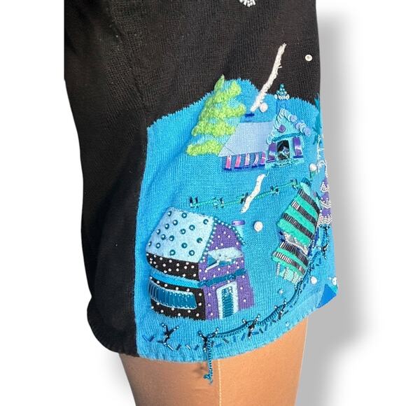 Vintage Michael Simon Event XL Holiday Village Sweater Black Blue Bead  Applique - Picture 6 of 13